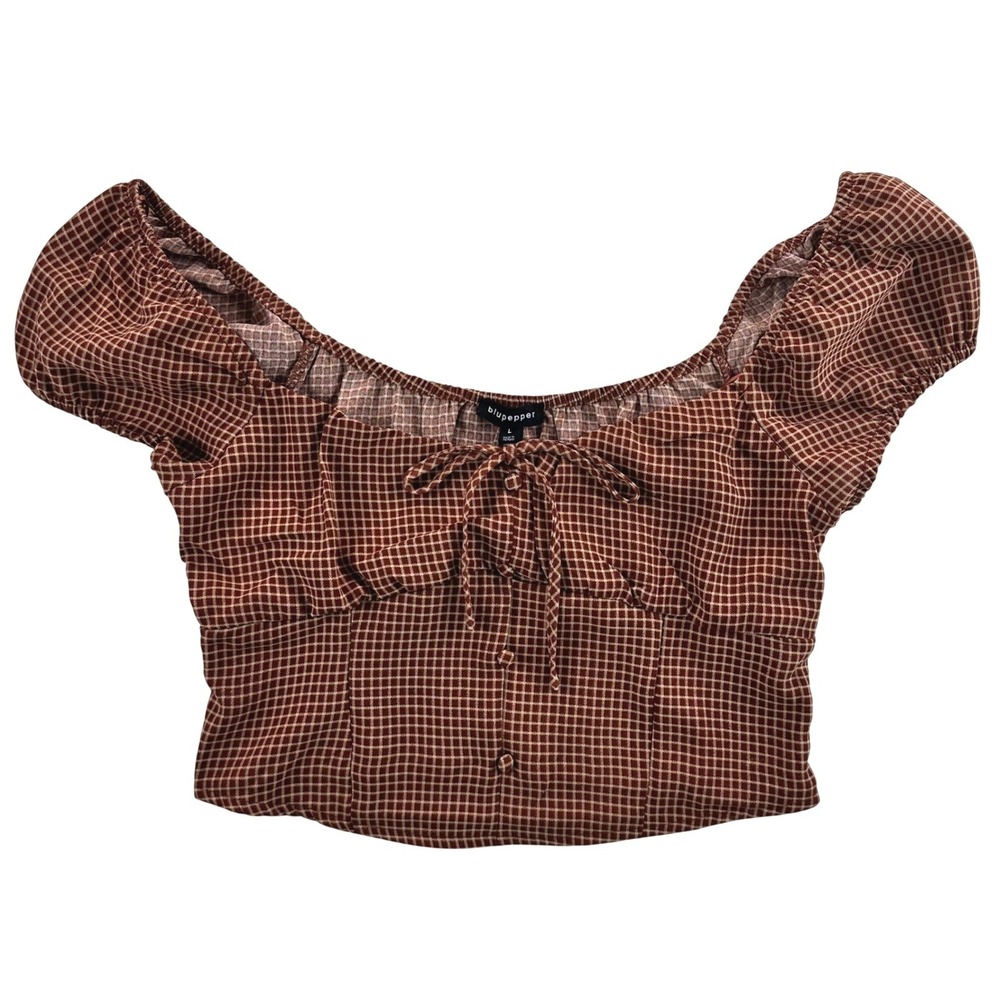 Blu Pepper Womens Rust Brown Plaid Smocked Back Cropped Peasant Top Large NEW